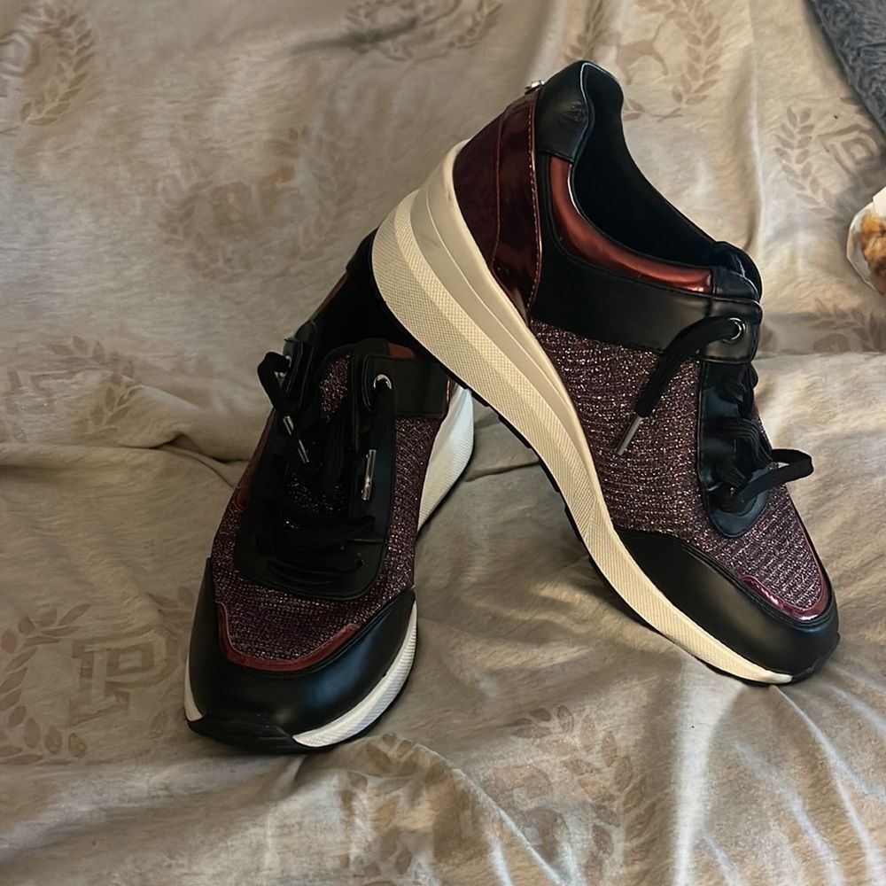 Michael kors georgie wedge trainers /sneakers black pink red glitter bling